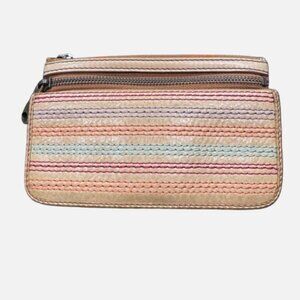 🗝Fossil Explorer Tan Leather Front Colored Stitch Accent Clutch Wallet YKK Zips